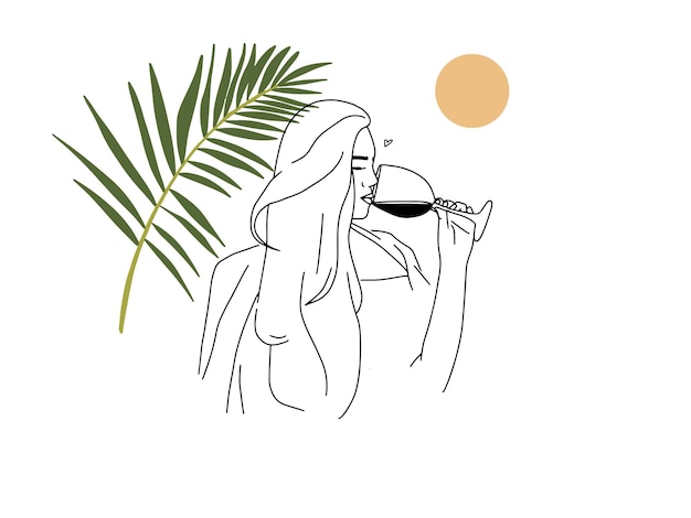 Line drawing woman portrait wine lover with abstract tropical plants and sun Woman silhouette