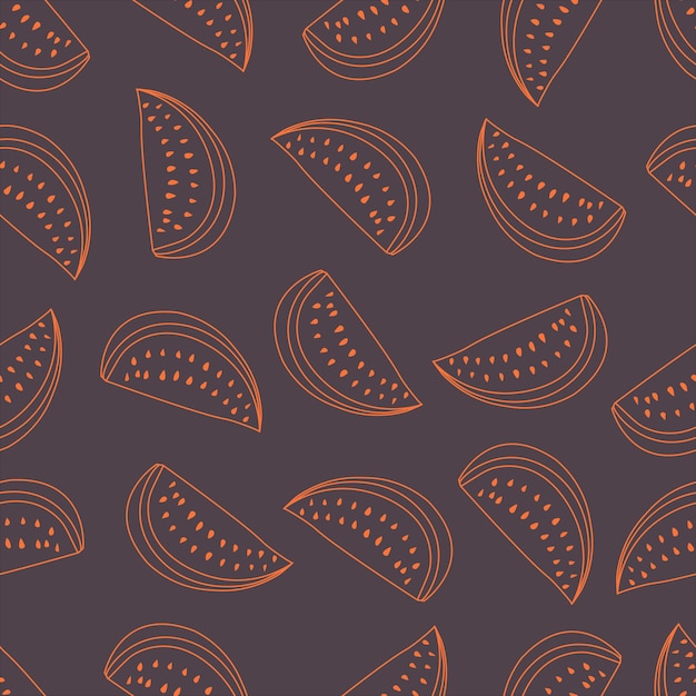 Line drawn watermelon pattern on dark background. Doodle watermelon pattern