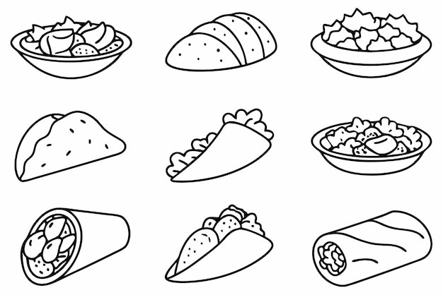 a line of food with a black outline of a plate with food on it