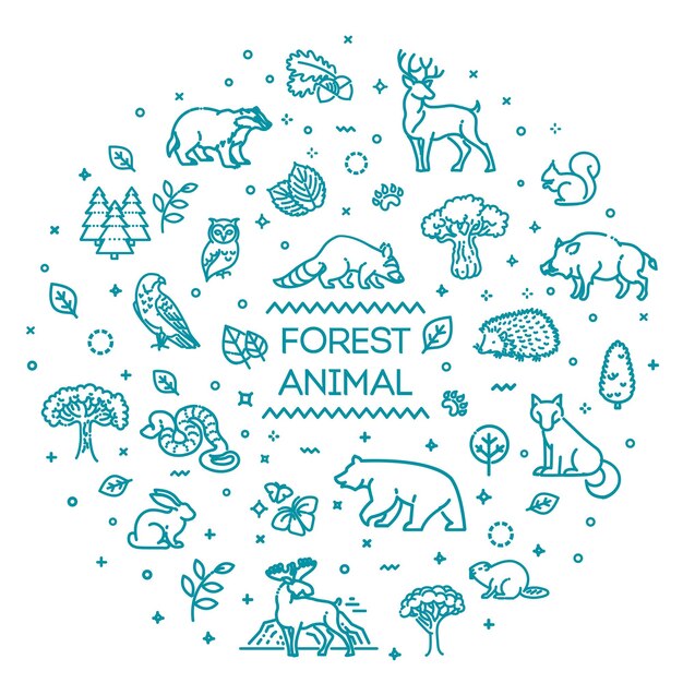 Line forest wildlife concept with different animals