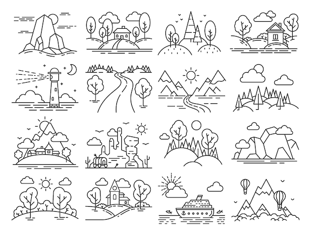 Line icon landscape. Outline cabin in forest, mountain, sea linear, air balloons in sky and lighthouse. Nature country tourism vector set. Illustration nature forest, natural mountain and lighthouse