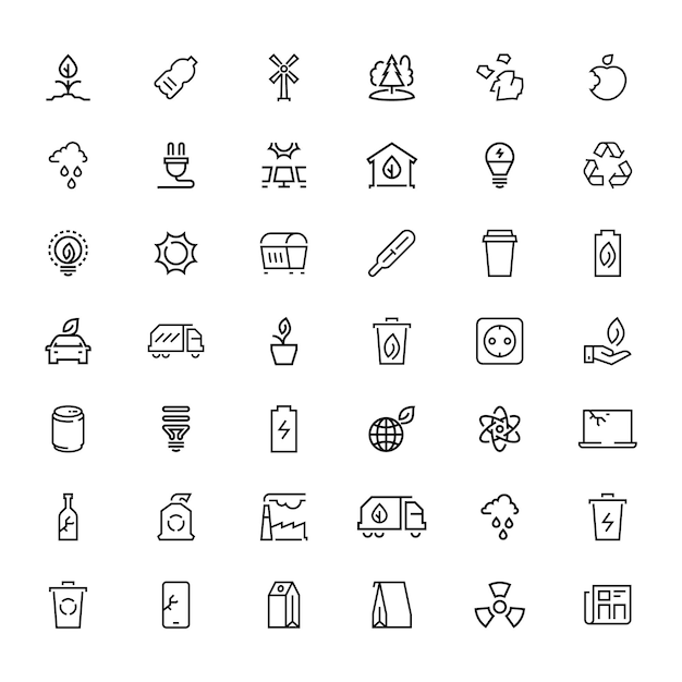 Line icons Ecology nature green sign collection Energy and bio symbols Outlines objects for label products or service advertisement template Vector black contours isolated mockup set on white