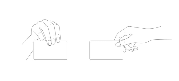 Line illustration of hand holding empty bussiness card realistic outline graphic two hand gestures