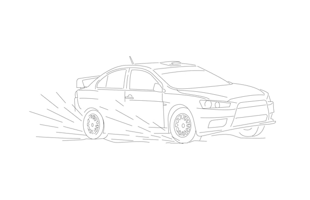 Line illustration of sport car on race in speed motion drifting in mud sketch isolated