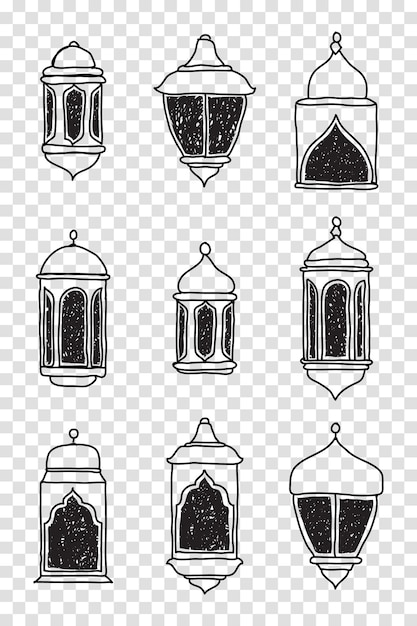 Line Islamic Arabic Lantern Symbol Icon Collection Set Hand drawn set of lanterns Vector illustration in doodle style