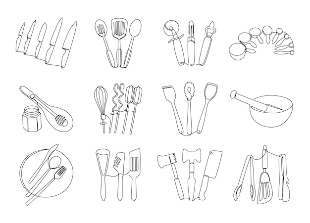 Line kitchen tools Continuous line doodle cooking utensils hand drawn plate knife dish and bowl graphic elements Vector isolated monoline set