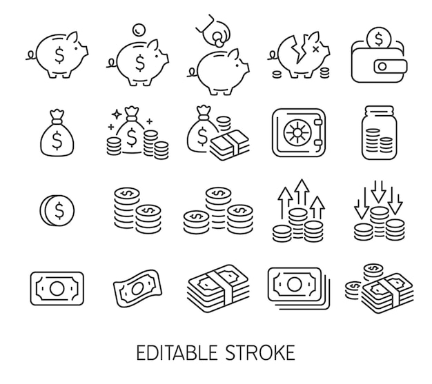 Line money icons coins dollar bills piggy bank safe jar and cash Payment piggy bank salary savings profit wallet and money bag vector set