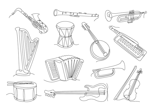 Line musical instruments Continuous line drums guitar violin saxophone trumpet horn harp banjo clarinet accordion harmonica Vector outline set