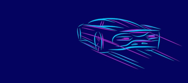 Line sketch illustration of a sport car bsck view driving away on high speed neon bright movement