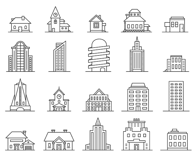 Line skyscrapers and houses. Outline city and town building. Real estate icon. Modern architecture and cottage, thin linear urban vector set. Illustration building apartment, office and, skyscraper