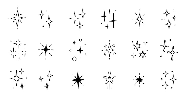 Line star glitter shine of doodle set Star shine glow spark glitter sparkle light Hand drawn sketch doodle style