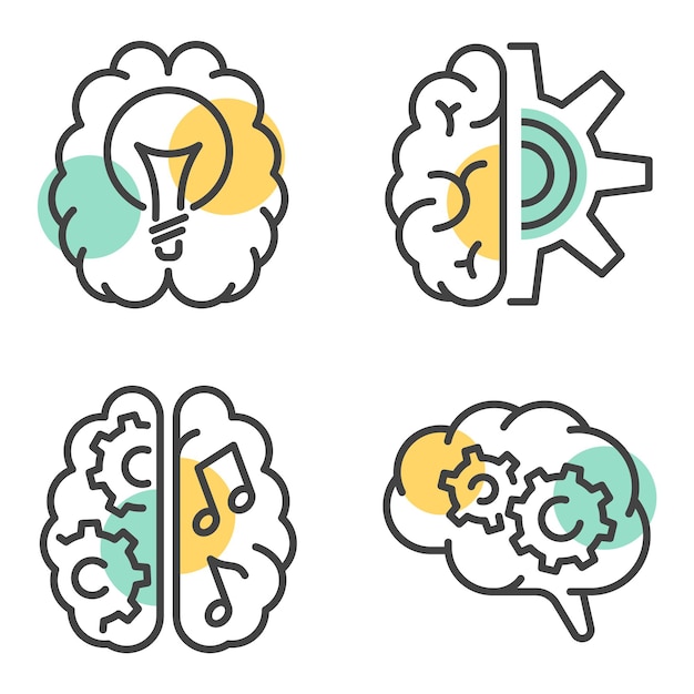 Line style brain illustrations with colorful elements representing creativity and innovation