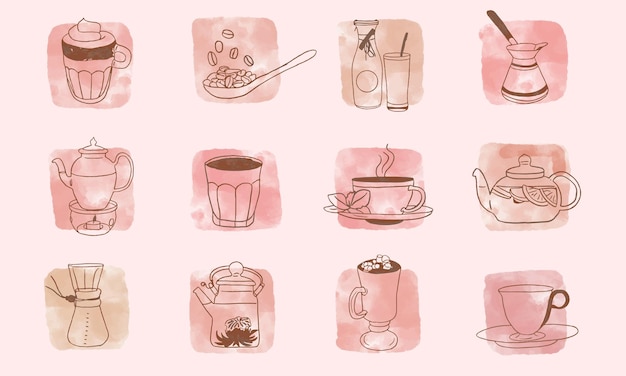 Line style coffee and tea icon with watercolor background vector