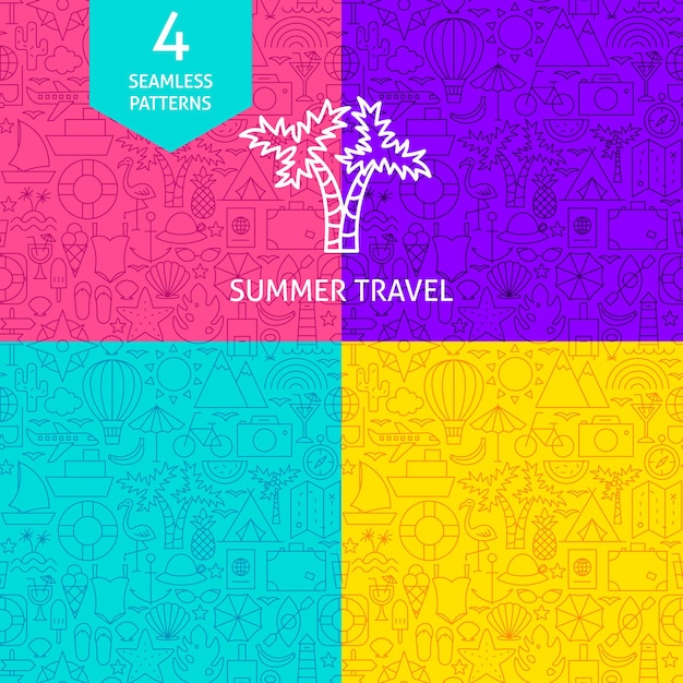 Line Summer Travel Patterns. Four Vector Website Design Backgrounds.