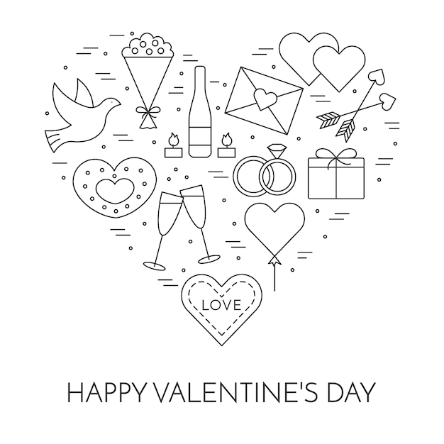 Line thin icons banner for Saint Valentine's day and date theme. 