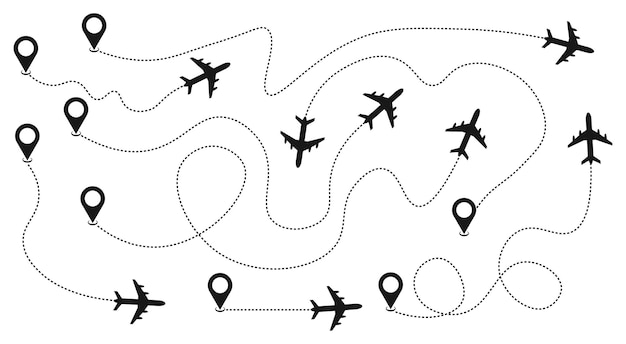 A line with a plane and a line with a route that says " travel ".