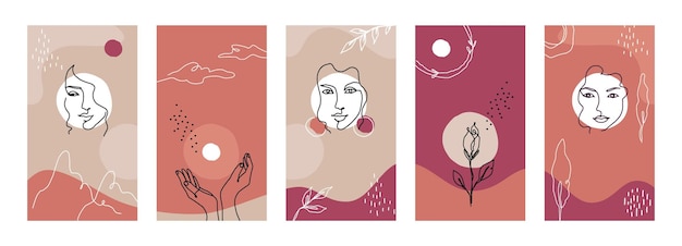 Line woman face banners Trendy art minimalist portraits Vertical posters set Abstract shapes and flowers and female heads Contemporary painting vector covers with floral elements