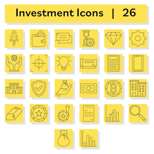 Lineal Style 26 Investment Icon or Symbol Set on Yellow Square Background