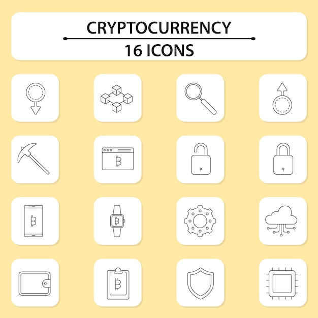 Lineal Style CryptoCurrency Icon Set On Square White And Yellow Background