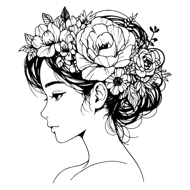 Linear art black and white searched portrait young woman with her hair gathered flowers in hairstyle