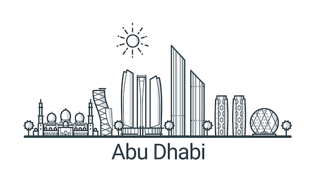 Linear banner of Abu Dhabi city. All buildings - customizable different objects with background fill, so you can change composition for your project. Line art.