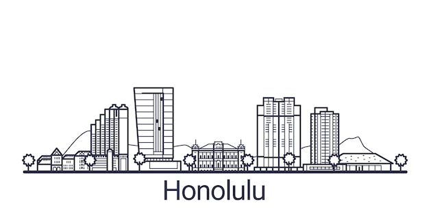 Linear banner of Honolulu city. All Honolulu buildings  