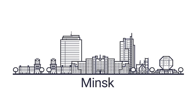 Linear banner of Minsk city. All Minsk buildings  art.