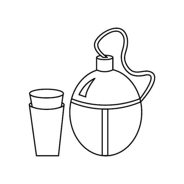 Linear black white flask for water icon Can be used as sticker Outline flask with glasses for hiking