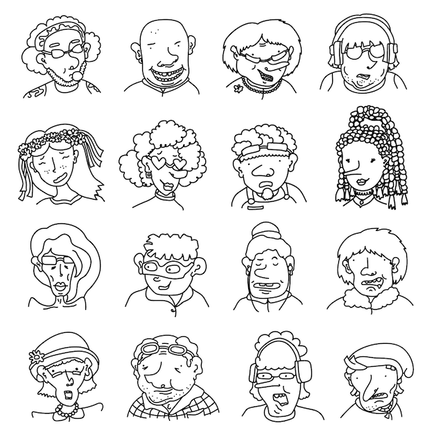 Linear cartoon characters with different emotions. Set of comic avatars, diverse human faces