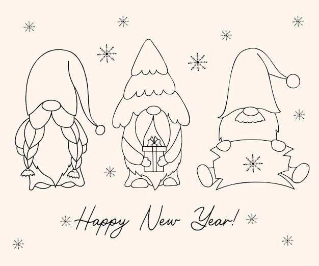 Linear collection New Year cute gnomes Winter gnome with christmas tree gift  Doodle style