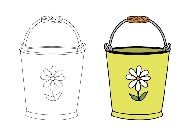 Linear and color empty tin bucket with a handle and a drawing of flower