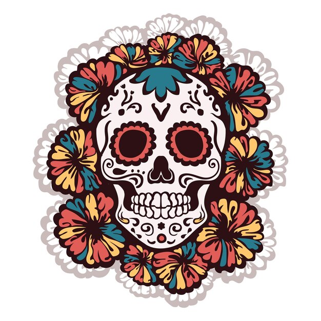 Vector linear decorated calavera with decor surrounded by vibrant marigold flowers for day of the dead