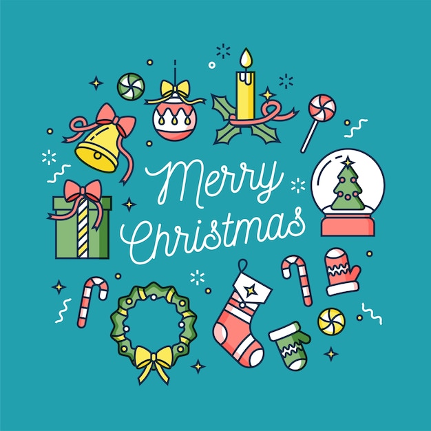 linear design Christmas greetings. Typography ang icon for Xmas. Winter holidays design elements