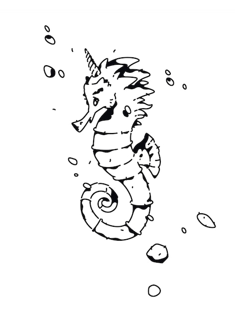 Linear drawing of a sea horse. Fashion tattoo.