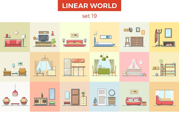 Linear flat furniture vector illustration set Home interior concept