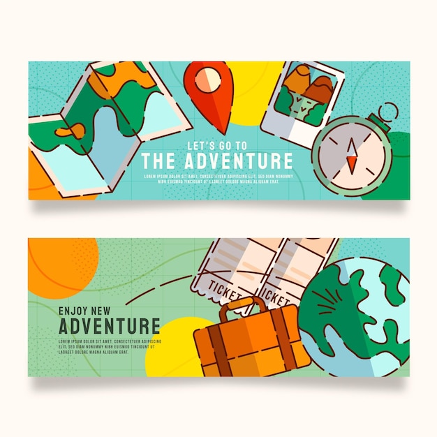 Linear flat horizontal adventure banners set