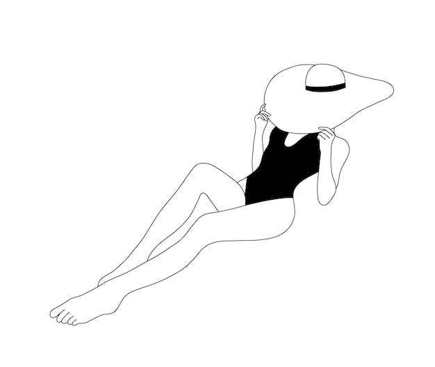 Linear girl is sunbathing in Panama hat Attractive woman in black swimsuit On line continuous Vector outline illustration for logo print card poster Travel blog concept