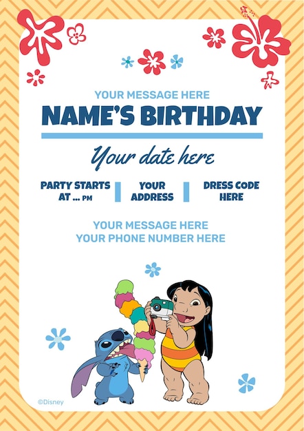 Linear Handdrawn Lilo and Stitch Birthday Party Invitation