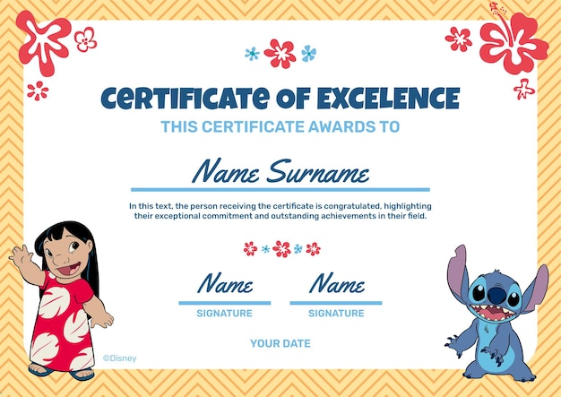 Linear Handdrawn Lilo Stitch Certificate