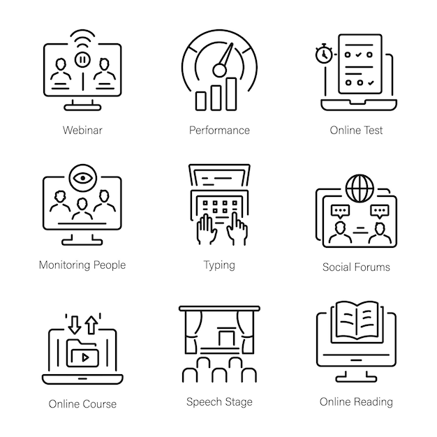 Linear Icon Set Depicting Online Trainings