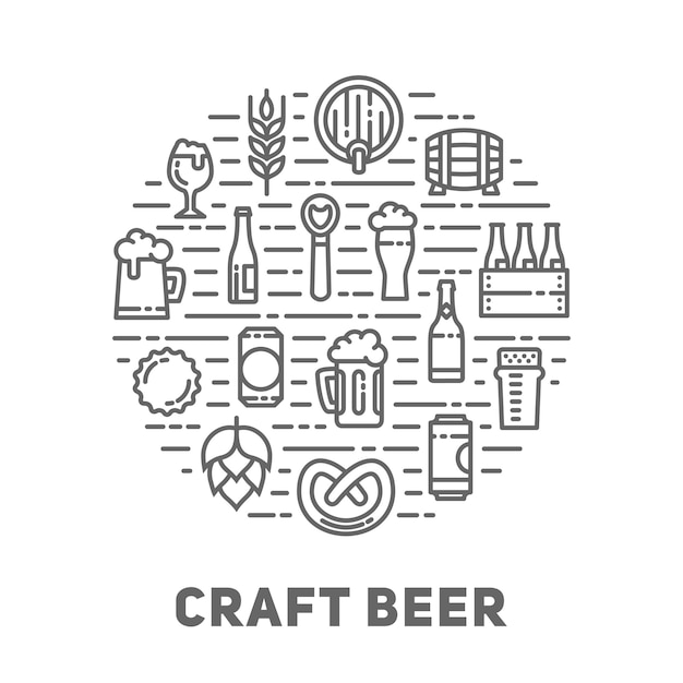 linear icons of beer mugs, glasses, bottles and accessories.