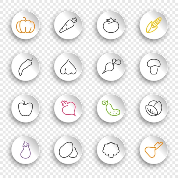 Linear icons of vegetables and mushrooms on white stickers with transparent shadows