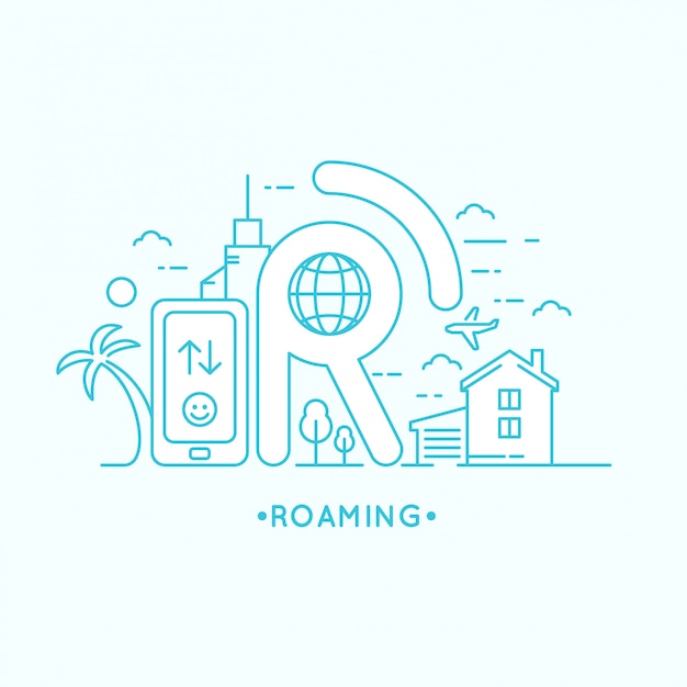 Linear illustration of international roaming on the mobile phone.