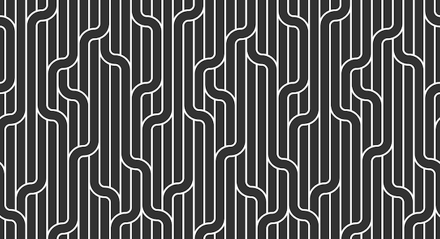 Linear seamless background with twisted lines, vector abstract geometric pattern, stripy weaving, optical maze, web network. Black and white design.