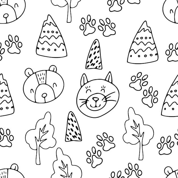 Linear seamless pattern with cute animals and decorative elements