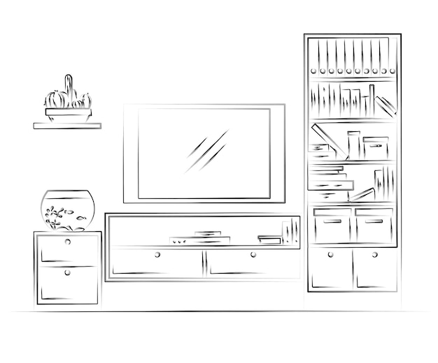 Linear sketch of the interior Bookcase dresser with TV and shelves