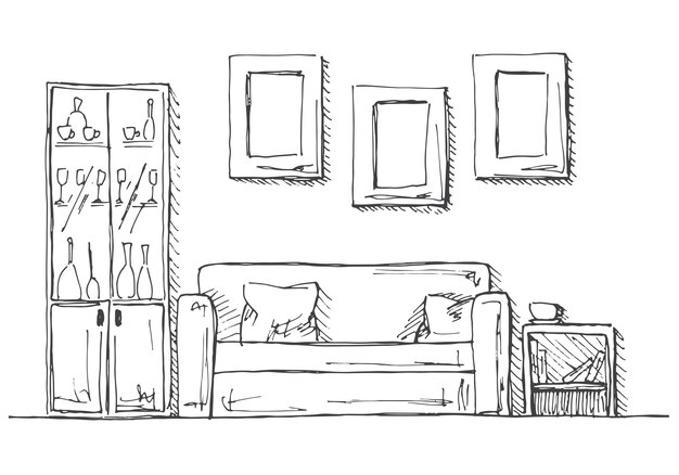 Vector linear sketch of an interior hand drawn vector illustration of a sketch style