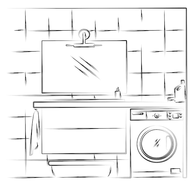 Linear sketch of an interior Part of the bathroom Vector illu