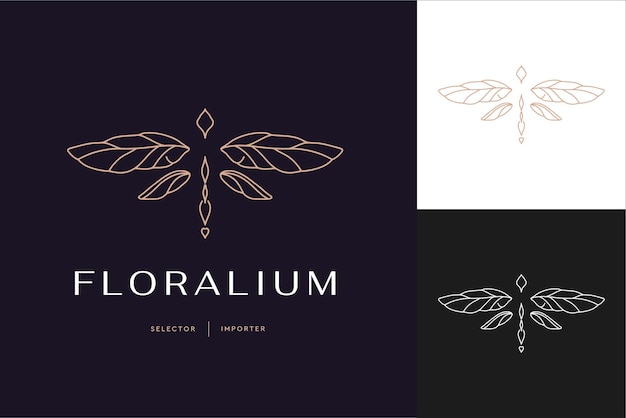 Linear template logo symbols with luxury dragonfly on a nude background