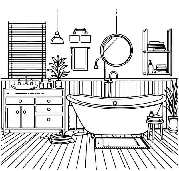 Linear vector bathroom Furniture Vector Drawing sketch Illustration in an outline style